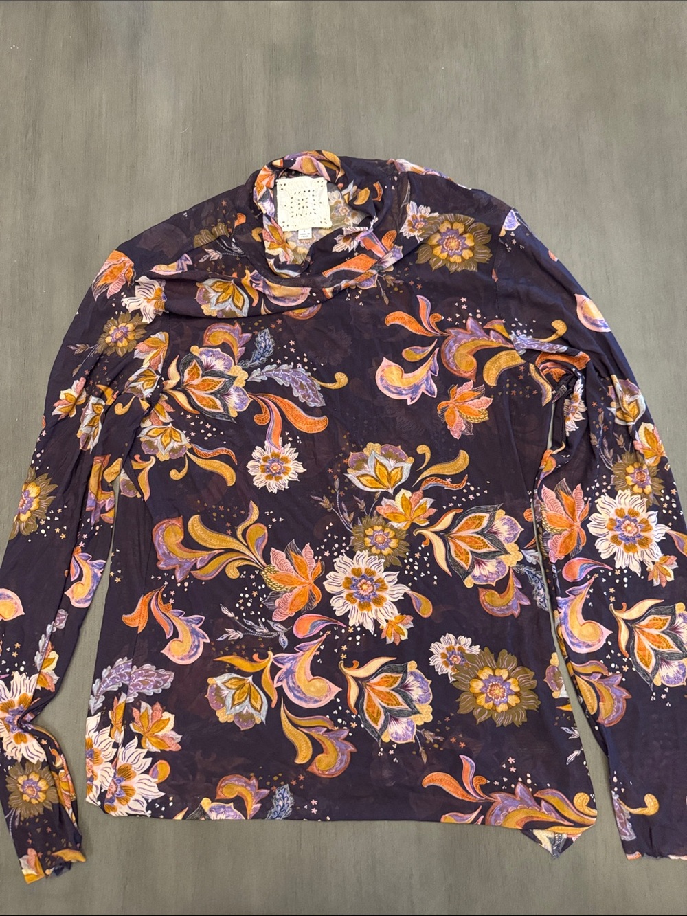 Floral Print Turtleneck Top in Plum with Orange & Lavender